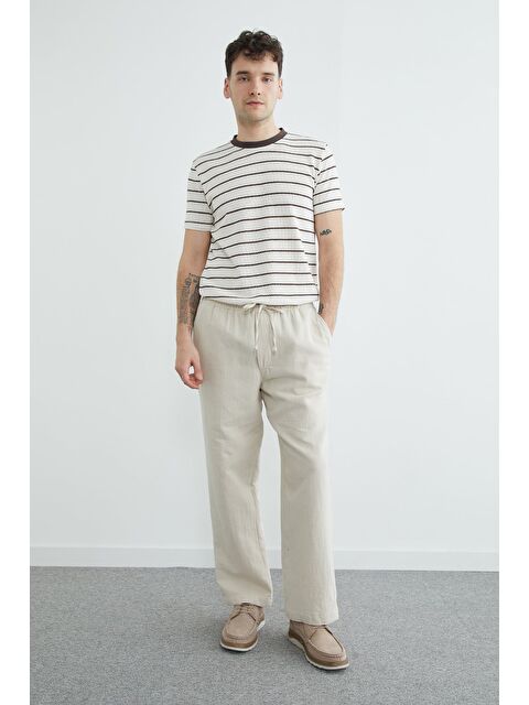 Fullamoda Beli Bağcıklı Müslin Keten Görünümlü Pantolon