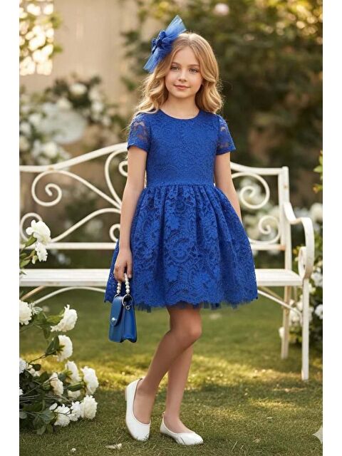 Riccotarz Kız Çocuk Üzeri Dantel İşlemeli İçi Astarlı Simli Mavi Abiye - S000488459-17234
