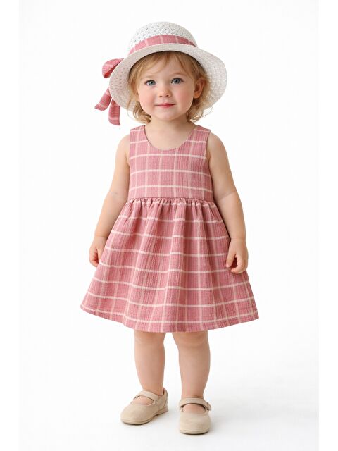 Chicsy Baby Tatlı Kız Bebek Ekose Tarz Elbise Şapkalı Fiyonk Detaylı Yazlık 2’li Kombin