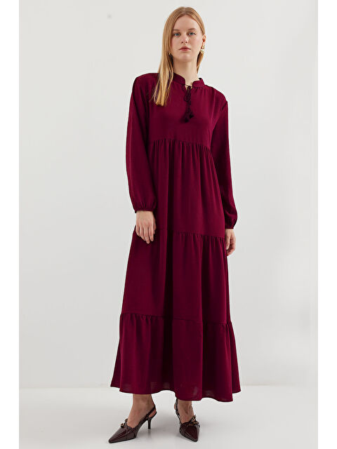 Bigdart 1627 Yaka Bağcıklı Tesettür Elbise - D. Bordo