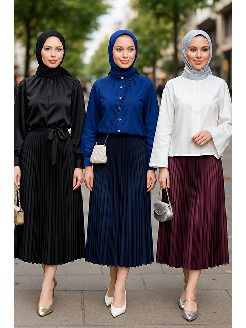 Comstar Kadın 3 Lü Paket Basic Pilise Bol Lastikli Uzun Etek