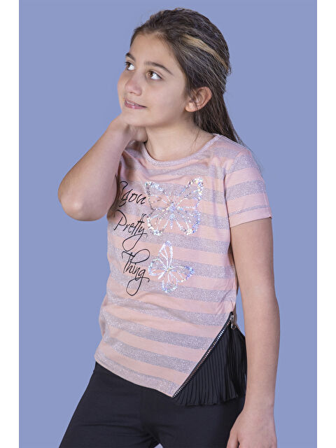 Toontoykids Kız Çocuk Çizgili Kelebek Baskılı Tişört