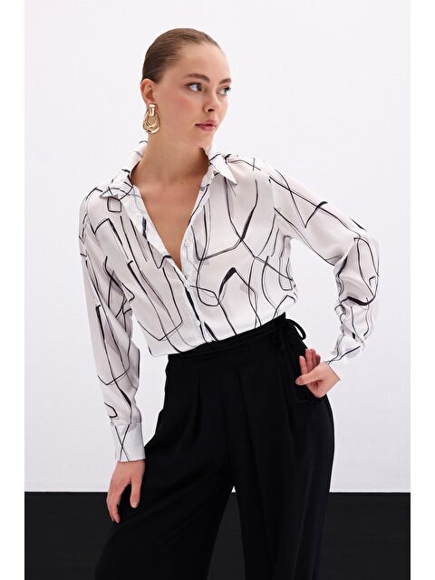 SATEEN Yırtmaç Detaylı Gömlek - Ekru - S000390274-19965