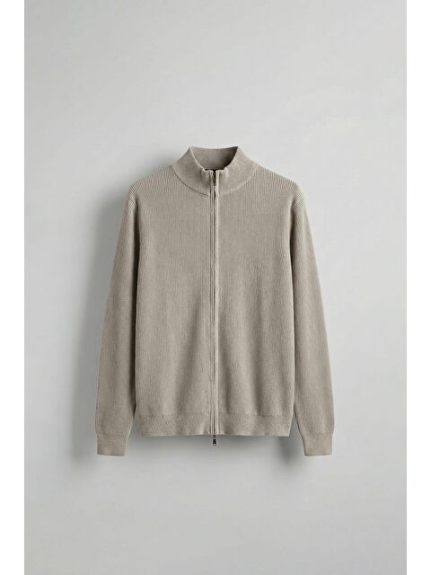 Abluka Online Erkek Slim Fit Fermuarlı Dik Yaka Fitilli Triko Hırka Taş Rengi - S000516664-25636