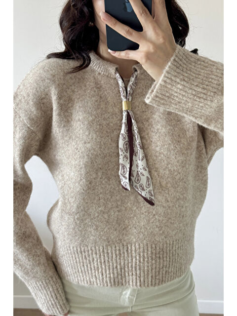 eka Kadın Bej Fularlı Kazak 1014-2535 - S000466078-19928