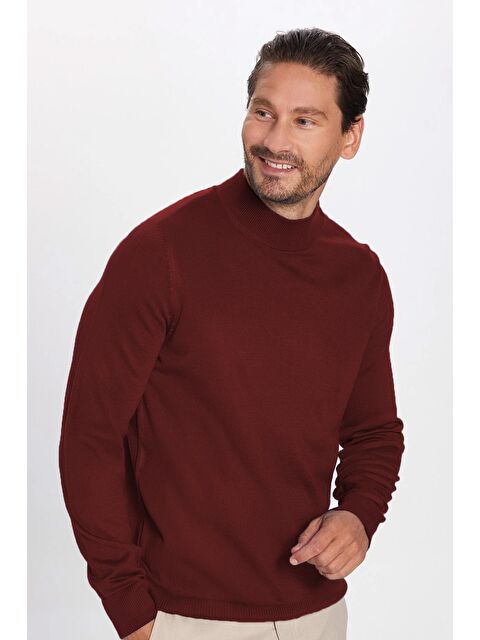 TUDORS Erkek Standart Fit Normal Kesim Yarım Balıkçı Yaka Düz Bordo Triko Kazak - S000347907-19951