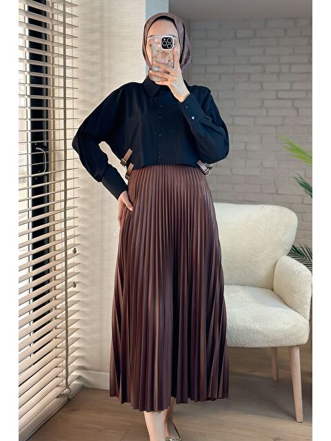 Comstar Kadın Piliseli Uzun Etek Kahve