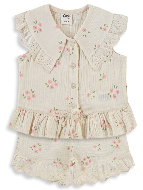 Civil Baby Çiçek Baskılı Yakalı 6-18 Ay Takım - Bej