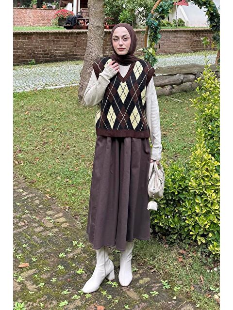 Lamelif Baklava Desenli Süveter Acı Kahverengi - S000517979-28102