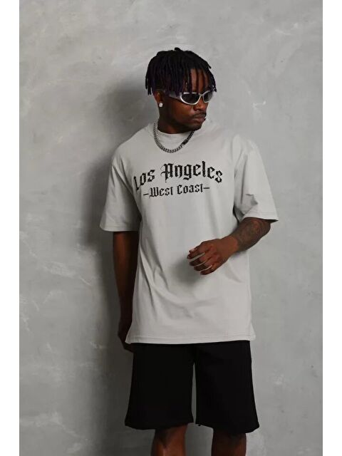 Jane's Unisex Oversize Baskılı Bisiklet Yaka T-Shirt - Gri - S000528607-20600