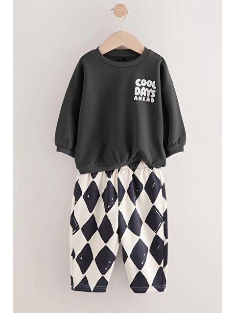 Monila Erkek Çocuk 3 İplik Kumaş Slogan Baskılı Sweatshirt Ve Dama Baskılı Eşofman Altı Alt Üst Takım - S000515536-2316