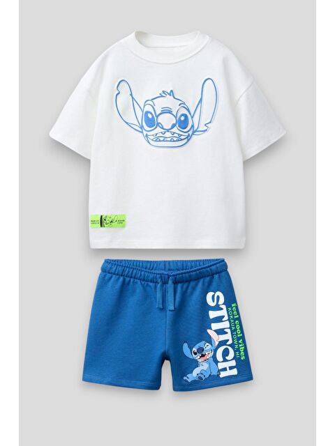 Magu Erkek Çocuk Pamuklu Beyaz Mavi Baskılı T-Shirt Ve Şort Takım - Yazlık Eğlenceli - S000522650-23173