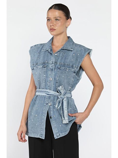 Gülseli Kadın Zımba Detaylı Bel Kuşaklı Çift Cepli Jean Yelek - S000445299-3642