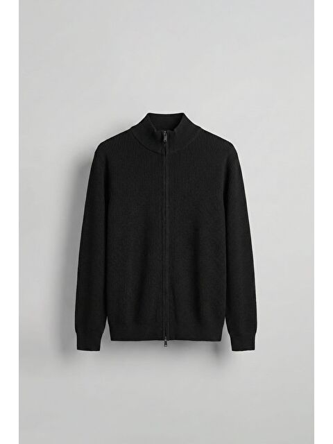 Abluka Online Erkek Slim Fit Fermuarlı Dik Yaka Fitilli Triko Hırka Siyah - S000516664-19351