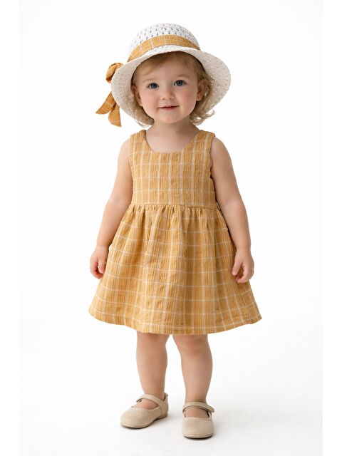 Chicsy Baby Tatlı Kız Bebek Ekose Tarz Elbise Şapkalı Fiyonk Detaylı Yazlık 2’li Kombin