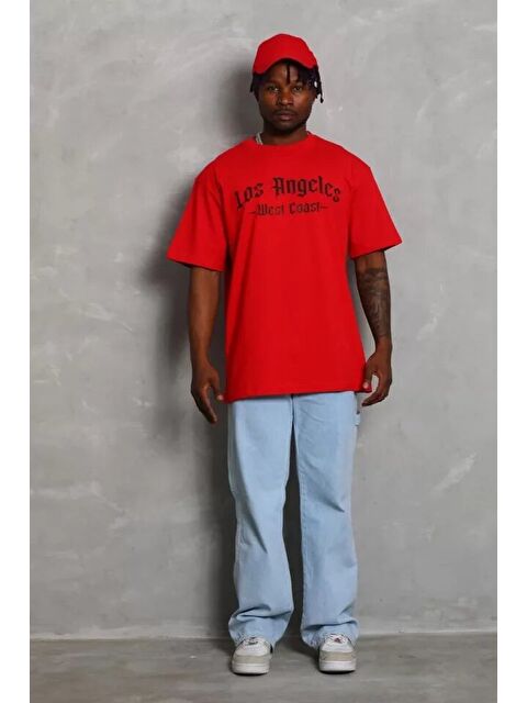 Jane's Unisex Oversize Baskılı Bisiklet Yaka T-Shirt - Kırmızı - S000528609-20045