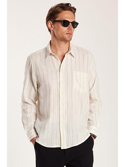 TUDORS Regular Fit Keten Görünüm Pamuklu Çizgili Dökümlü Rahat Cepli Spor Gömlek - S000518947-23173