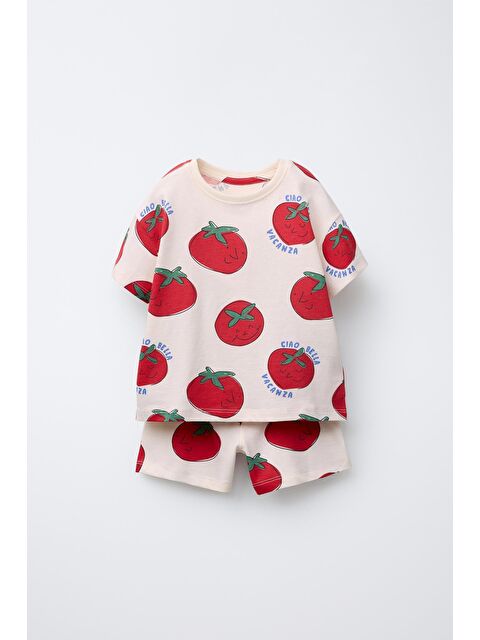 Magu Unisex Çocuk Pamuklu Krem Domates Desenli T-Shirt Şort Takım - S000518948-23173