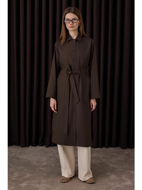 HE-QA Kemer Detaylı Uzun Gömlek Acı Kahve - S000482484-28102