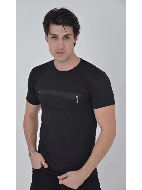 Jane's Erkek Göğüste Fermuar Aksesuarlı Dar Kalıp T-Shirt - Siyah - S000528611-19351