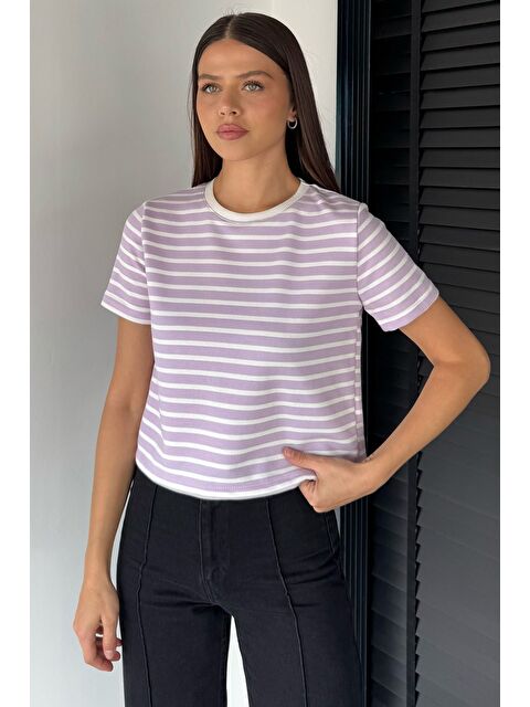 Gülseli Kadın Şerit Desenli Bisiklet Yaka Tişört - S000469796-17878