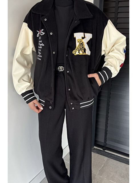 Gülseli Kadın Deri Garnili Ön Çıtçıtlı Çıkartma Baskılı Ceket - S000470295-19351