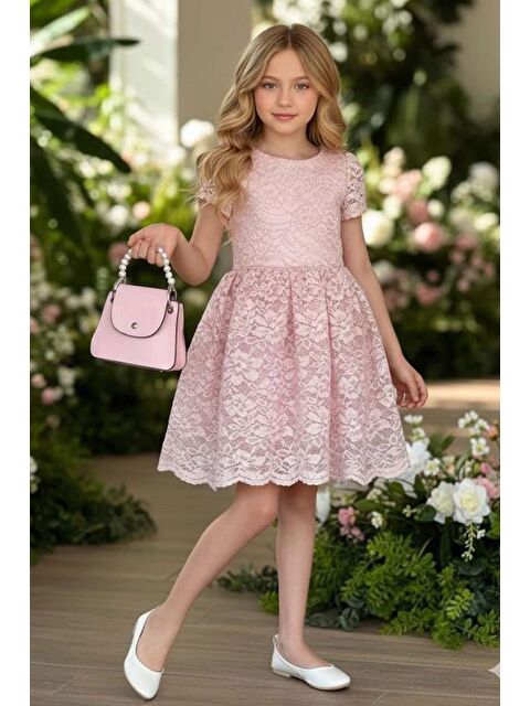 Riccotarz Kız Çocuk Üzeri Dantel İşlemeli İçi Astarlı Simli Pudra Abiye - S000488461-23490
