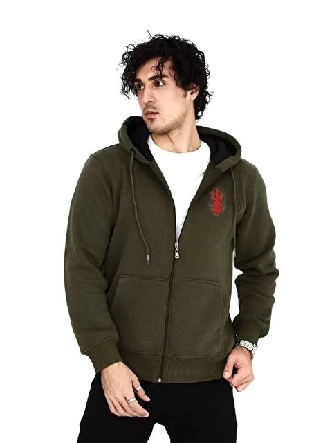 Jane's Unisex Baskılı Tam Fermuarlı Kapüşonlu SweatShirt - Haki