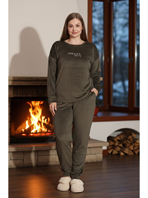 Remsa Büyük Beden Kadın Kadife Pijama Takımı 25386 Haki - S000494456-18547