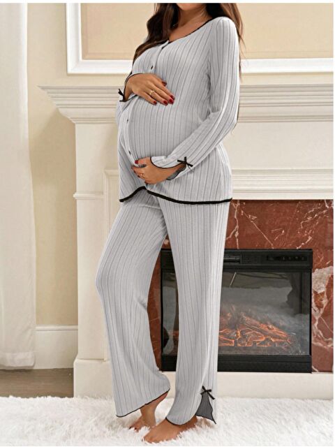 MİSS DÜNYA LİSSA Gri Soft Elegance Yumoş Düğmeli Ayarlanabilir Bel Lohusa Pijama Takımı - S000494457-20600