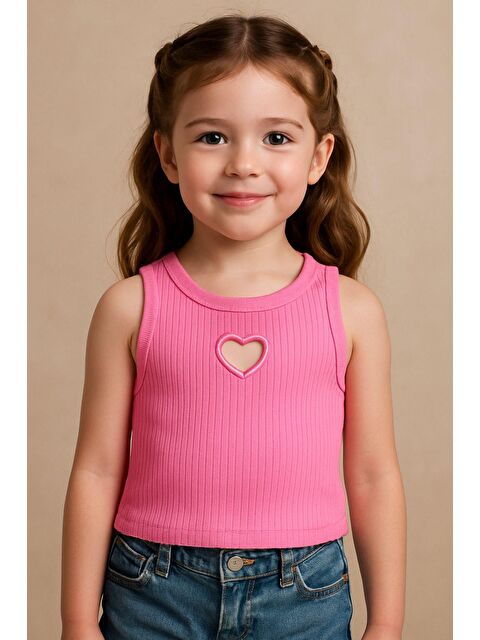 Magu Kız Çocuk Ribana Pamuklu Pembe Kalp Nakışlı Crop T-Shirt – Yazlık Rahat Kalıp - S000398520-20024