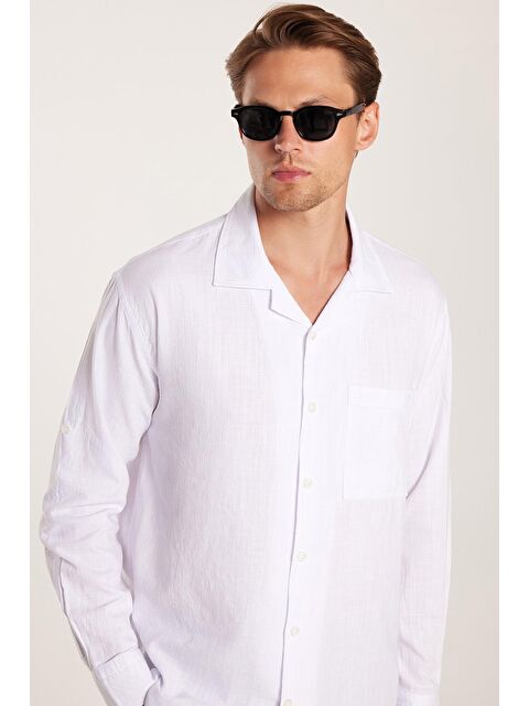 TUDORS Erkek Relax Fit Rahat Kesim %100 Pamuk Keten Doku Apaş Yaka Beyaz Gömlek - S000518954-20063