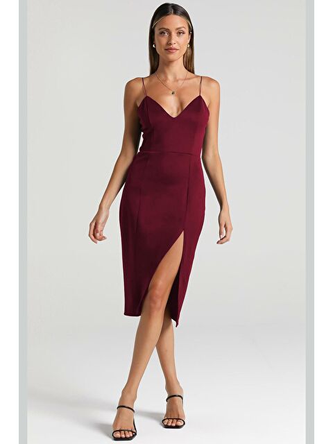 Madmext Bordo V Yaka Yırtmaçlı Saten Elbise Mg1742