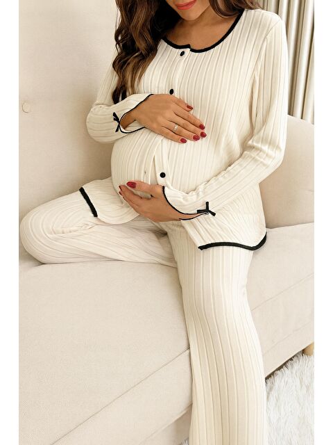 MİSS DÜNYA LİSSA Beyaz Soft Elegance Yumoş Düğmeli Ayarlanabilir Bel Lohusa Pijama Takımı - S000494457-20063