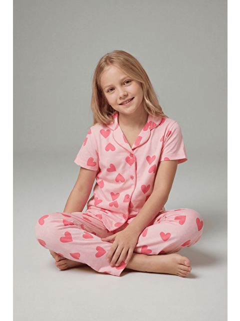Vitmo Kız Çocuk Kısa Kollu %100 Pamuklu Düğmeli Pijama Takımı Soft Heart
