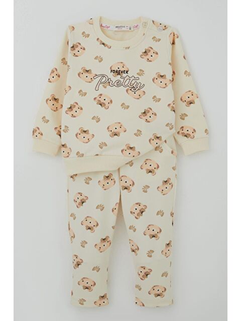 Breeze Kız Bebek Eşofman Takımı Sevimli Fiyonklu Ayıcık Desenli Krem (6 Ay-2 Yaş) - S000527083-19966