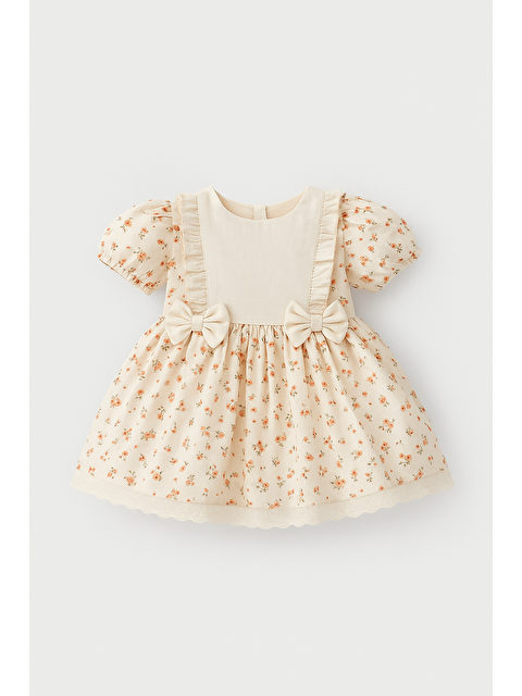Magu Kız Çocuk Pamuklu Krem Çiçek Desenli Fiyonklu Elbise - Kısa Kollu, Dantel Etek Ucu Detaylı - S000398524-23173