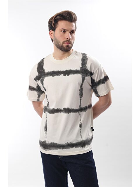 Madmext Ekru Bisiklet Yaka Baskılı Basic Erkek %100 Pamuk Tişört E7109 - S000346827-19965