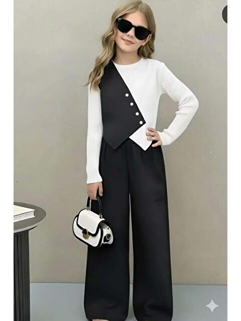 Riccotarz Kız Çocuk Çift Renk Badili Yelek Palazzo Pantolon Siyah Alt Üst Takım - S000488463-19351