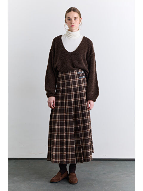 Manuka Pileli Kemerli Ekose Etek Kahverengi - S000499133-19413