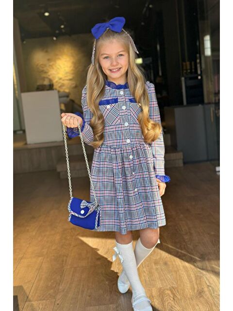 Riccotarz Kız Çocuk Yakası ve Kolları Fırfırlı Üzeri Boydan Düğme ve Lacivert Ekose Detaylı Elbise - S000488464-21164
