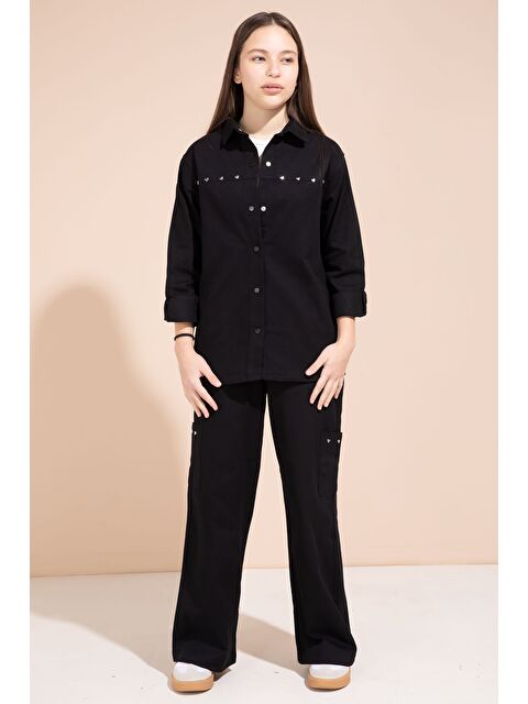 Cansın Mini Siyah Kalp İşlemeli Gömlekli Geniş Paça Pantolonlu Kız Çocuk Gabardin Takım 23551 - S000505422-19351