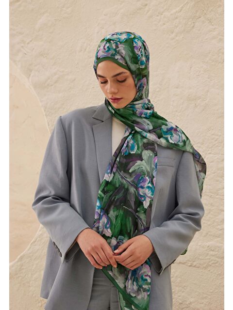 Fresh Scarfs Lavinia Desen Rami Şal Koyu Yeşil - S000459712-19416