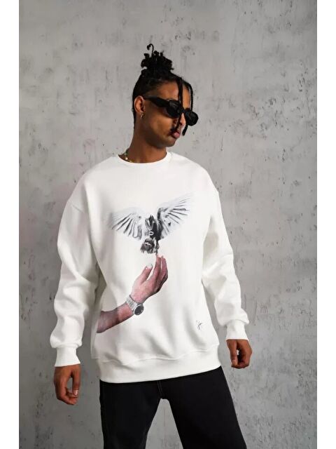 Jane's Erkek Güvercin Baskılı Sweatshirt - Beyaz