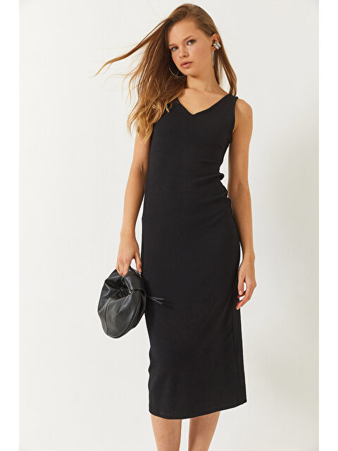 SHADE Kadın V Yaka Kalın Askılı Midi Boy Basic Elbise - S000376399-19351