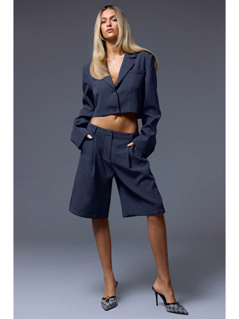 Tarz Cool Lacivert Pileli Kadın Bermuda Şort - S000423242-21164