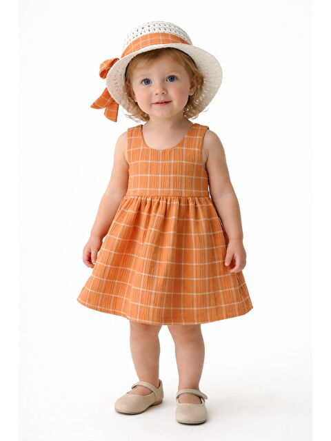 Chicsy Baby Tatlı Kız Bebek Ekose Tarz Elbise Şapkalı Fiyonk Detaylı Yazlık 2’li Kombin