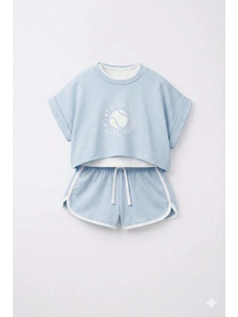 Magu Kız Çocuk Pamuklu Mavi Baskılı T-Shirt Ve Şort Takım - Kontrast Şerit Detaylı - S000518959-17234