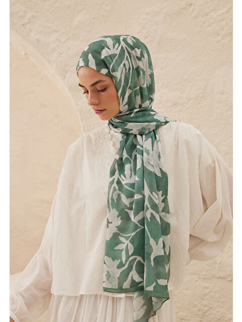Fresh Scarfs Petunia Desen Rami Şal Zümrüt - S000459710-37221