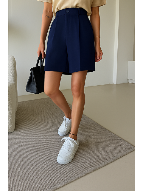 Tarz Cool Kadın Kısa Paça Yüksek Bel Oversize Fermuarlı Lacivert Şort - S000423243-21164
